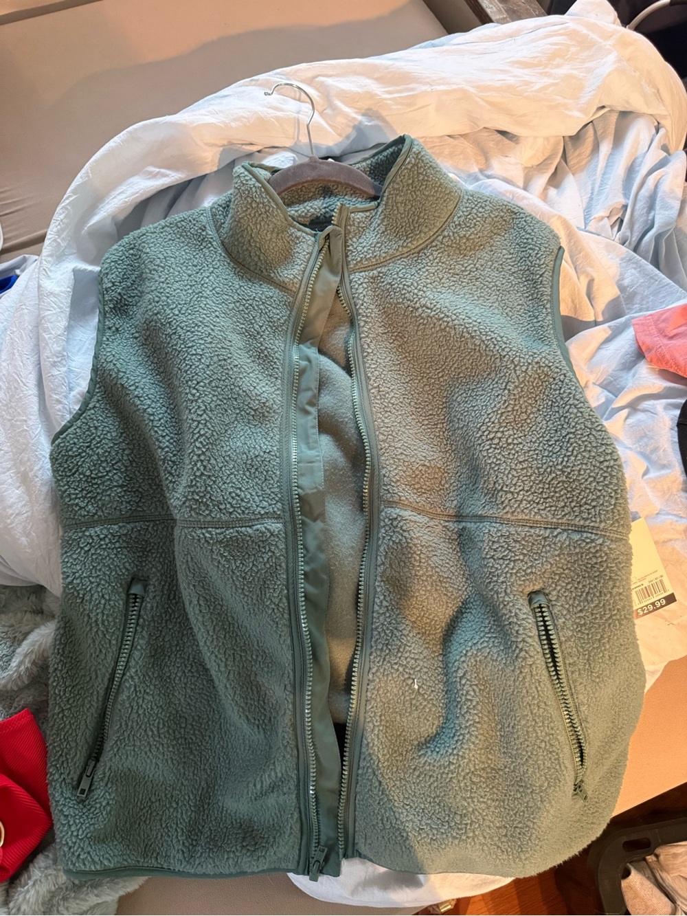 SO Sage Green Teddy Sherpa Zip Vest